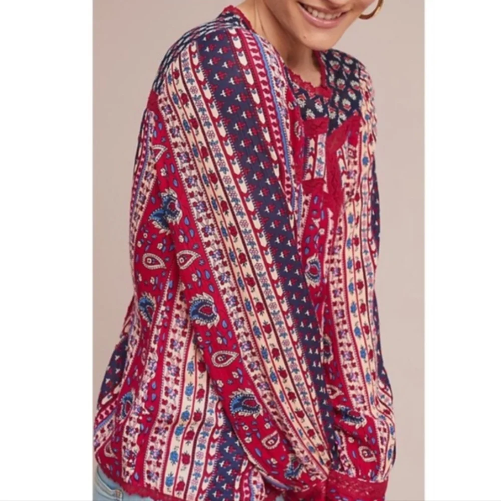 Anthropologie Red Navy Blue Boho Long Sleeve Gretchen Patchwork Lace Blouse 12 - Picture 2 of 8